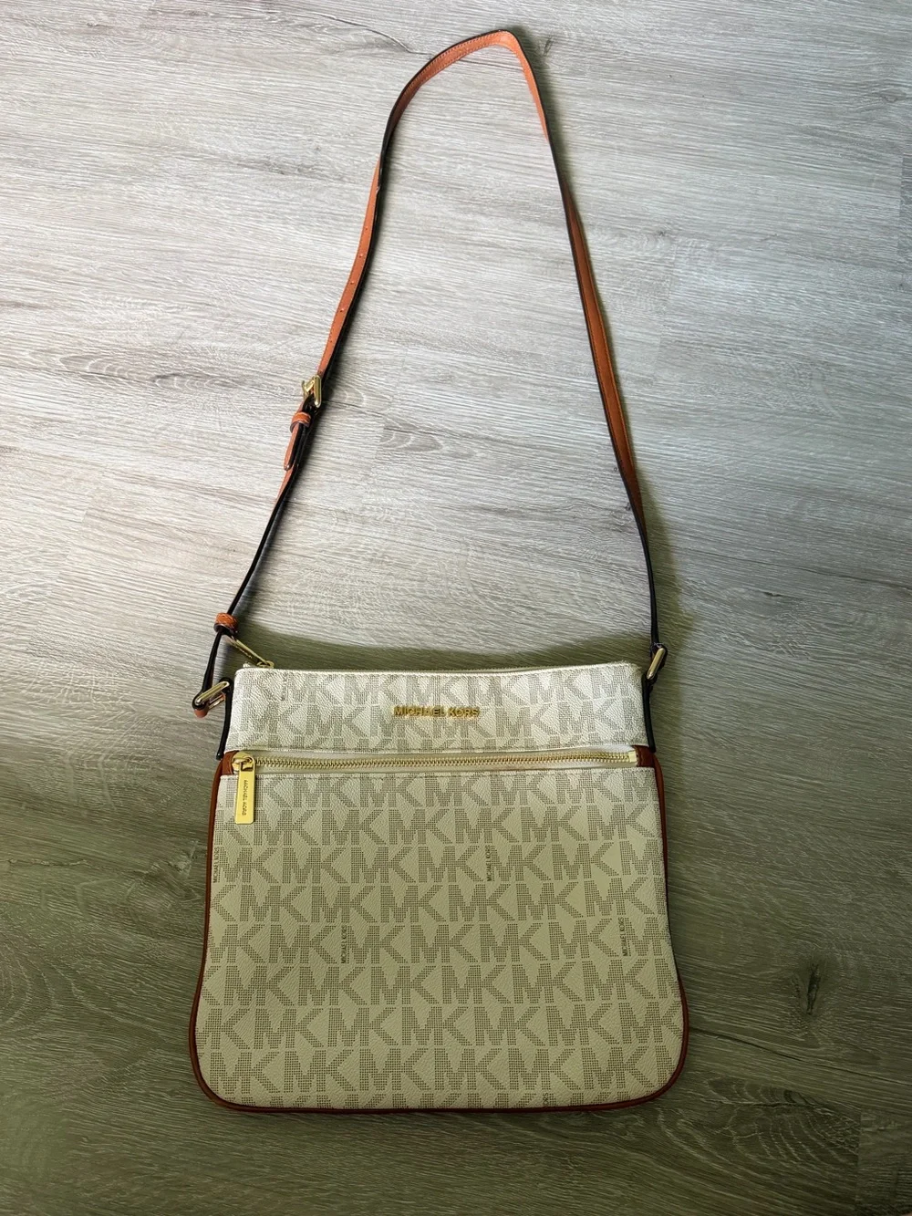 Michael Kors Cream and Brown MK Logo Crossbody Shoulder Bag